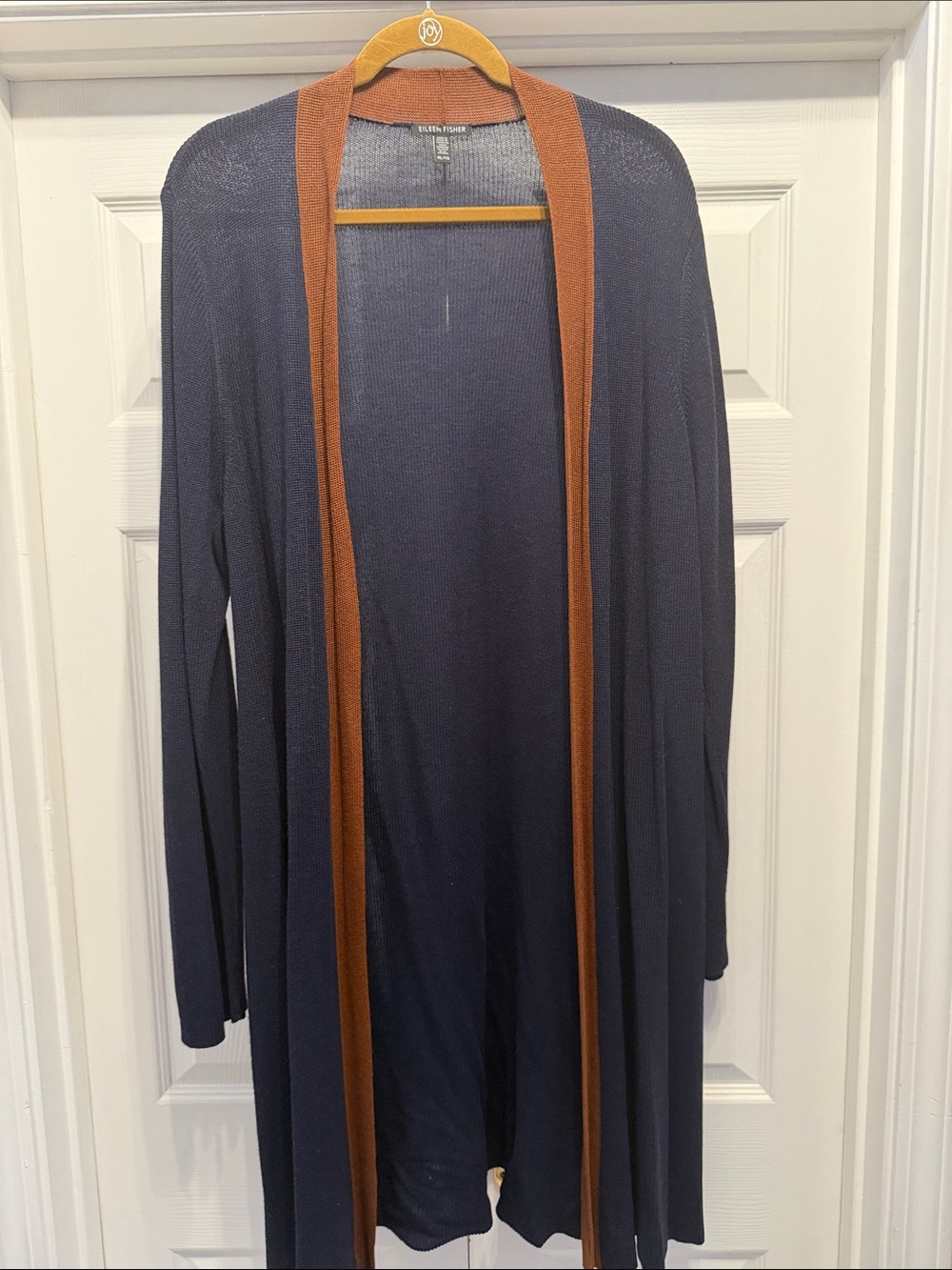 Eileen Fisher Navy Open-Front Cardigan with Brown Trim